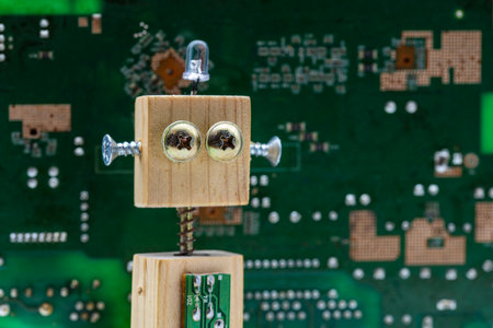 Wooden handmade robot in front of an electronic circuit panel, artificial intelligence