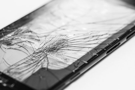 Detail of the broken glass of a mobile phone screen in black and whiteの写真素材