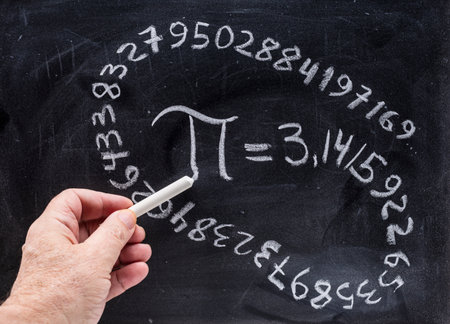 The number pi handwritten in chalk on the blackboard, with its equivalent in numbersの写真素材