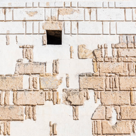 Detail of the facade of a restored medieval towerの写真素材