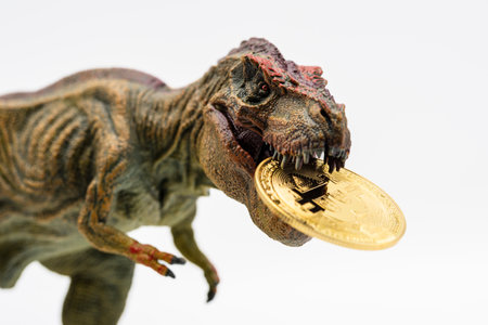 Tyrannosaurus rex with a coin between its teeth, isolated on whiteの写真素材