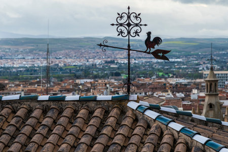 Rooster-shaped wind vane on the roof of a house in a cityの写真素材