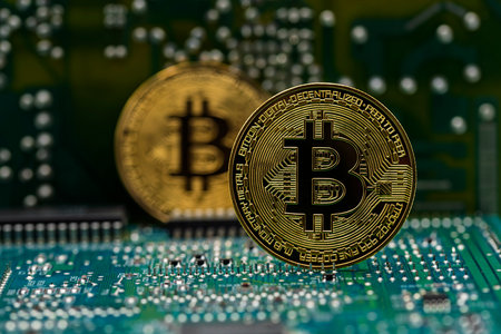 Gold Bitcoin coins on a computer circuit boardの写真素材