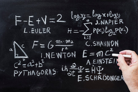 Hand pointing at historical equations and quantum physics formulas written with chalk on a...