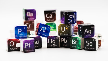 Small dice with the names of the elements of the periodic table of chemistry
