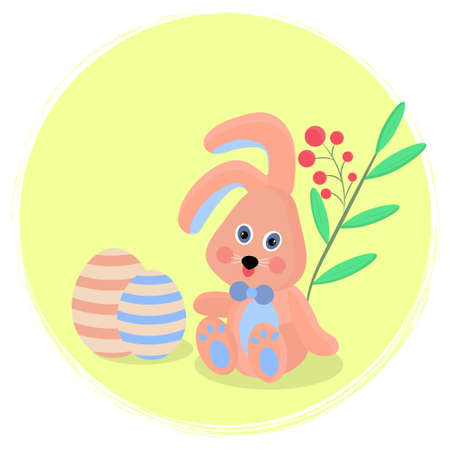 Greeting card with easter bunny Toy bunny with easter eggs on a background of plantsのイラスト素材