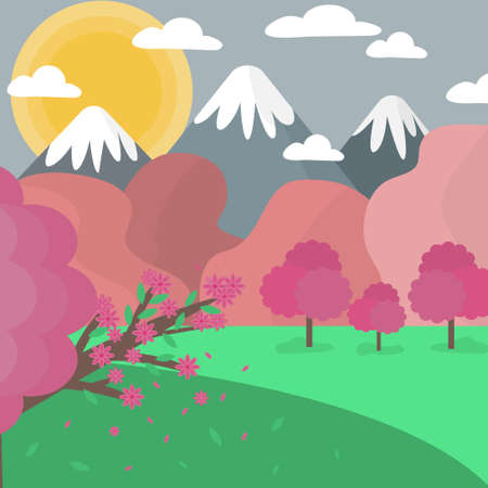 Vector nature spring landscape background. Cute simple cartoon style. Geometric landscape background in Asian Japanese style with mountains and pink trees.のイラスト素材