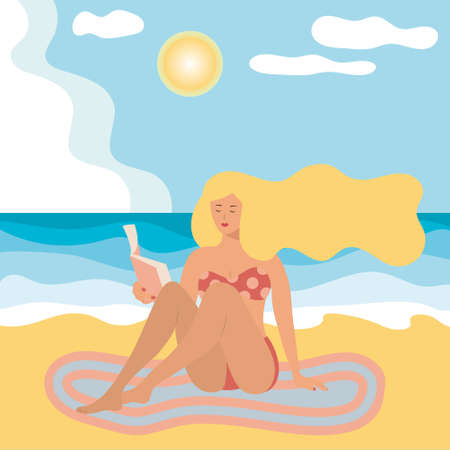 Summer illustration with a blond girl in a swimsuit on the beach. Summer, vacation and beach concept.のイラスト素材