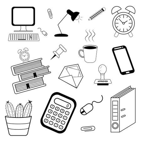 Office life black lines icons set with hand doodle. Office Work Doodle Icon Hand Draw Line Art. Vector Illustration can be used in education, bank, It, SaaS, finance, marketing and other business areaのイラスト素材