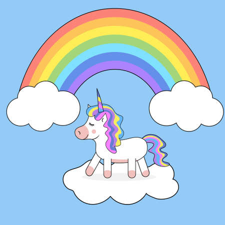 Cute cartoon unicorn with rainbow hair with black outline. Unicorn walking on a cloud. A colored rainbow above it. Vector illustration.のイラスト素材