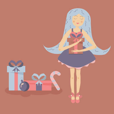 Beautiful fairy girl with blue hair holding a gift. Gifts are nearby. Illustration for children, for children's books, for postcards.のイラスト素材