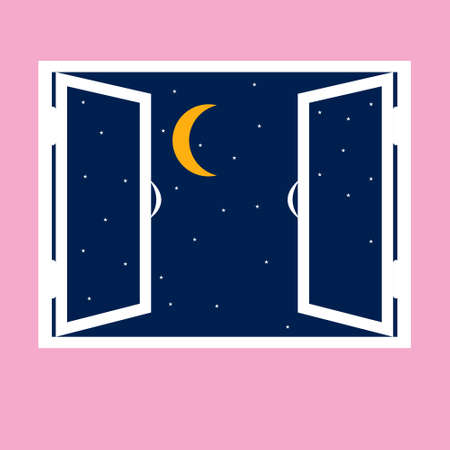 Night out the window icon in cartoon style isolated on pink background. Night sky with stars and moon seen through a window. Sleep and rest symbol stock vector illustration.のイラスト素材
