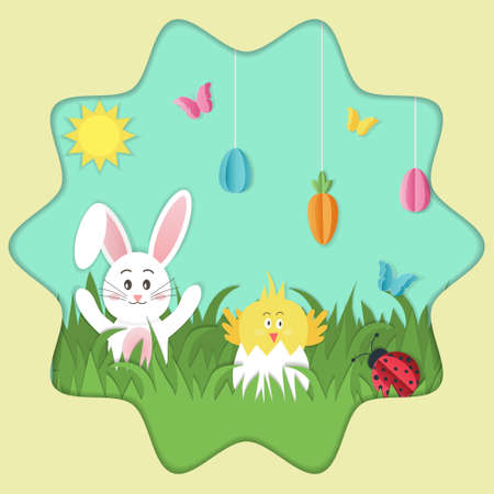 Happy Easter banner with painted hanging eggs, rabbit, ladybug and chicken in the grass. For Easter day, invitation, greeting card, posters and wallpaper. Paper cut style. Vector illustration.のイラスト素材