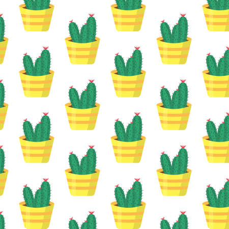 Cute seamless pattern with blooming cactus plant in a pot. Perfect for wallpapers, web page...
