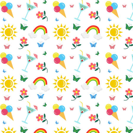 Colorful seamless summer pattern with hand-drawn beach elements such as ice cream, sun, flowers,...