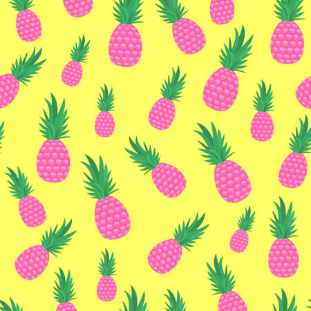 Pink pineapple seamless pattern on yellow background. Tropical repeated texture for summer party. Swatch for kids textile or wrapping paper. Trendy seamless background with fruits.のイラスト素材