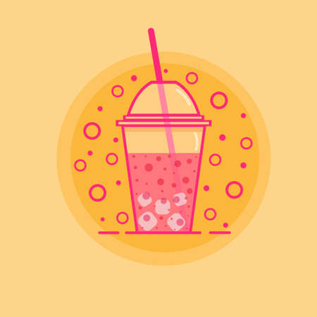 Vector glass of pink juice with ice cubes in plastic cup juice straw isolated on orange background. Summer fresh drink. Cartoon style vector illustration.のイラスト素材