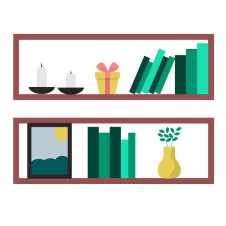 Wall shelves for a living room interior with vase with a branch, books, candles, gift and picture. Vector flat illustration.のイラスト素材