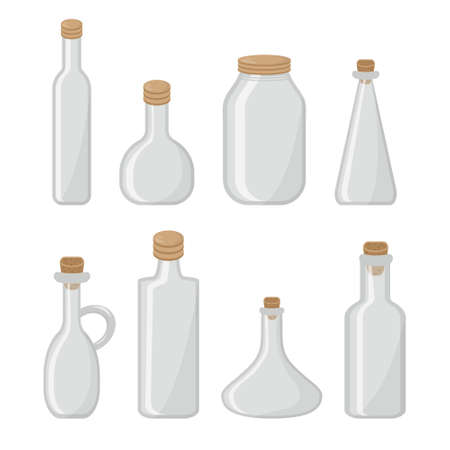 Set vector templates of empty transparent glass bottles. Packaging vector. Mock up template blank for product packing advertisement.のイラスト素材