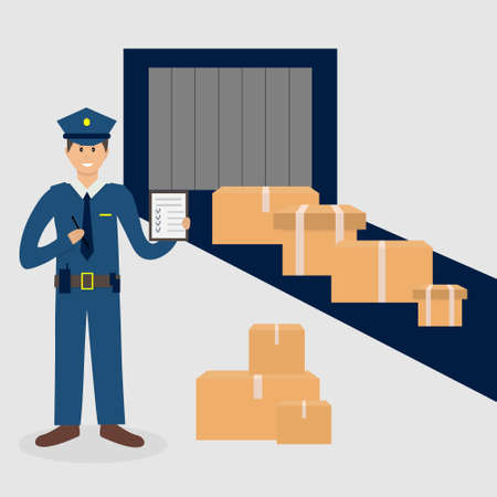 Customs control officer inspecting luggage. Luggage passes x-ray check at airport. Airport transport security scan tape portal. Officer computer monitoring baggage. Flat vector illustration.のイラスト素材