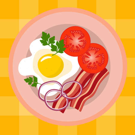 Home cooked food, tasty breakfast. Scrambled eggs with bacon, tomatoes, parsley and onion.のイラスト素材