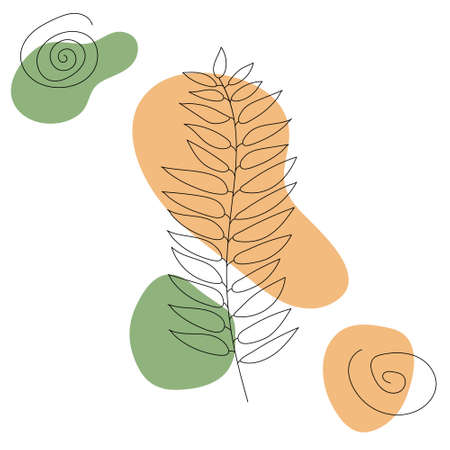 One line twig in contemporary abstract style with colorful shapes. Vector hand-drawn illustration.のイラスト素材