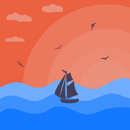 Sea sunset with boat silhouette. Landscape vector illustration.のイラスト素材