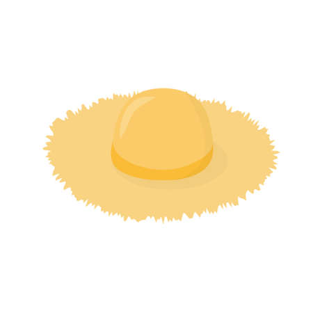 Straw hat with ribbon on white background. Woodcut Illustration of Sun Hat. Colorful flat vector illustration.のイラスト素材