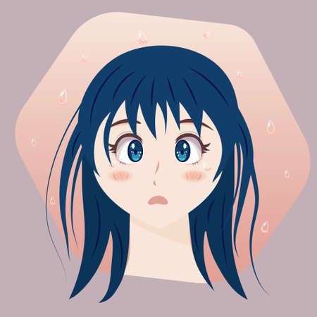 Depression, sadness, pain. Sad anime girl crying. Girl with blue hair on a background with tears.のイラスト素材