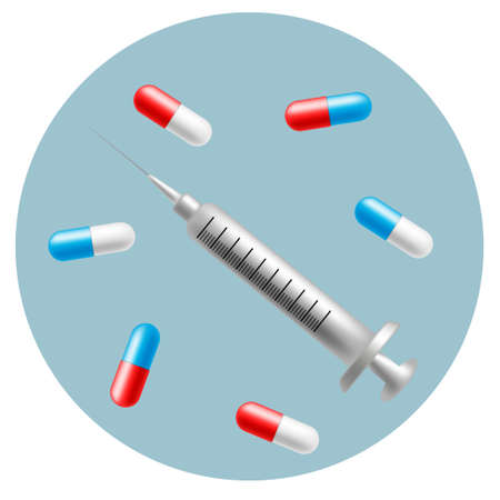 Syringe and pills. Pharmacy and drug symbols. Medical illustration on white background.のイラスト素材