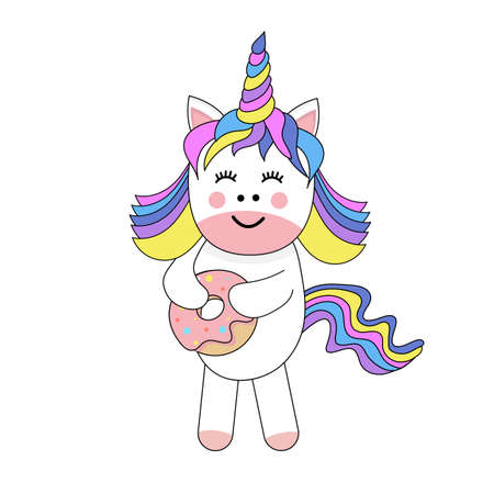Cute unicorn with a donut. Template for printing, sticker, texture, wallpaper, postcard.のイラスト素材