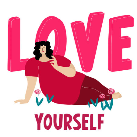 Body positive woman on the background of the inscription love yourself. Feminism, self acceptance and libertyのイラスト素材
