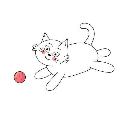 Cute white cat playing with a ball. Vector illustration with cartoon funny domestic pet.のイラスト素材