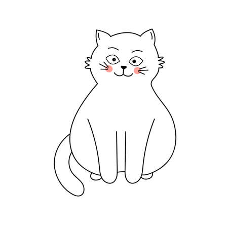 Cute white cat sitting and smiling. Vector illustration with cartoon funny domestic pet.のイラスト素材