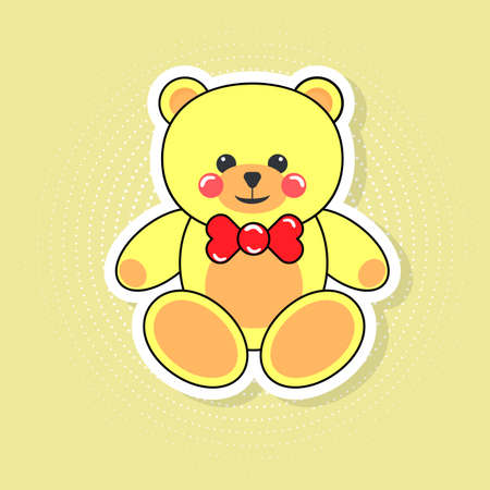 Cute teddy bear sticker on yellow halftone background in pop art style.のイラスト素材