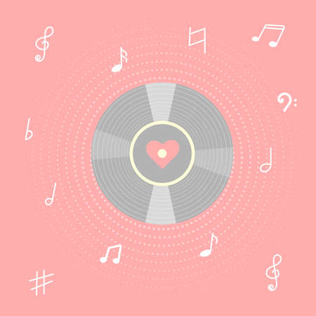 Vinyl record with notes and heart. Concept I love music. Vintage gramophone disc. Vector illustration.のイラスト素材