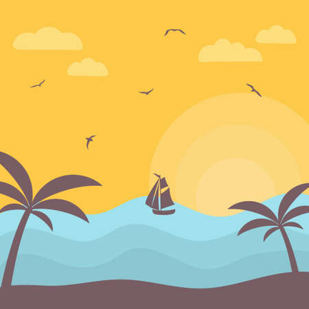 Sea sunset with boat and palms. Landscape vector illustration.のイラスト素材