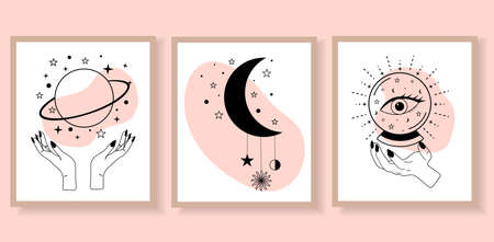 Abstract posters with woman faces in contemporary outline boho style. Hand drawn outline trendy vector illustrations. Continuous line, minimalistic concept.のイラスト素材