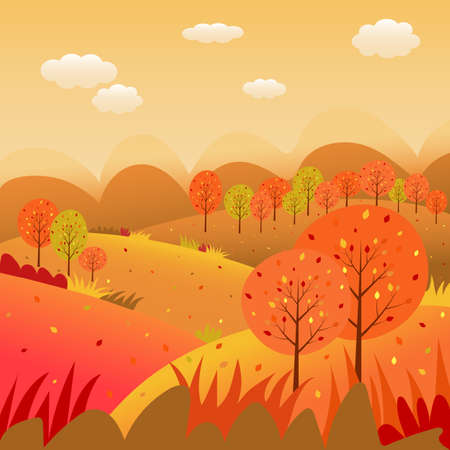 Autumn landscape with farm field, mountains, wild grass and leaves falling from trees in variegated colors. Cartoon autumn forest.のイラスト素材