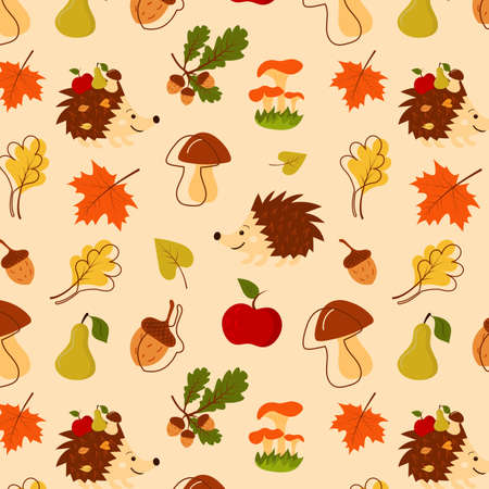 Seamless pattern with hedgehog, acorns, pear, mushrooms, apple and autumn leaves. Scrapbook, gift wrapping paper, textiles.のイラスト素材