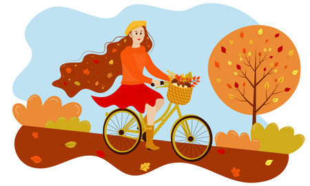 Autumn girl rides a bicycle in the park.のイラスト素材