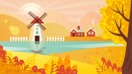 Autumn rural landscape with windmill, farmhouses and trees.のイラスト素材