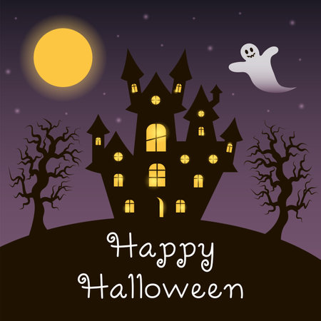 Happy Halloween and scary castle with ghost.のイラスト素材