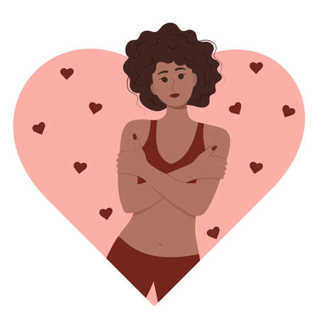 Black woman hugging herself. Love yourself concept.のイラスト素材