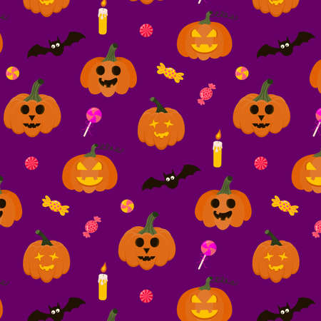 Seamless Halloween Pattern with pumpkins, candy, bat and candle.のイラスト素材