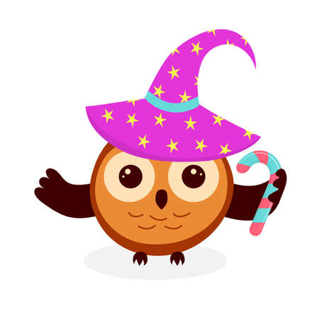Cute owl in witch hat with candy. Happy Halloween symbol.のイラスト素材