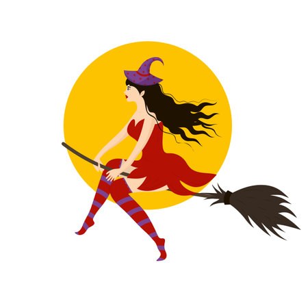 Witch flying on a broom opposite the moon.のイラスト素材