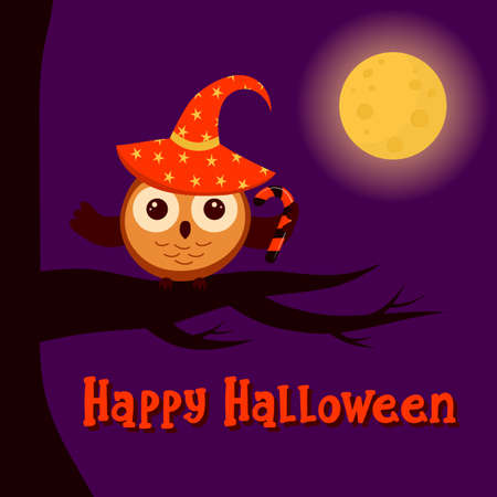 Cute owl in witch hat with candy is sitting on a branch.のイラスト素材