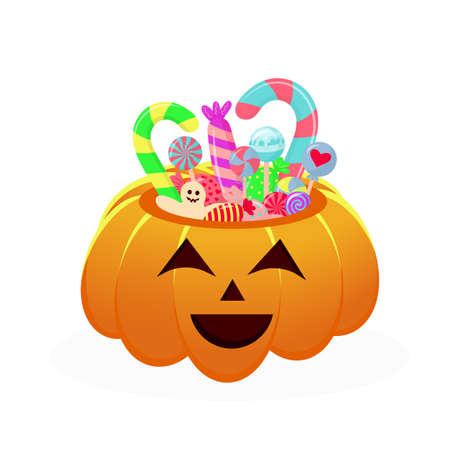 Halloween pumpkin basket full of candiesのイラスト素材