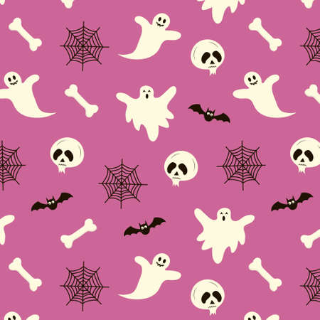 Seamless Halloween Pattern with ghosts, skull, bat, web and bone.のイラスト素材